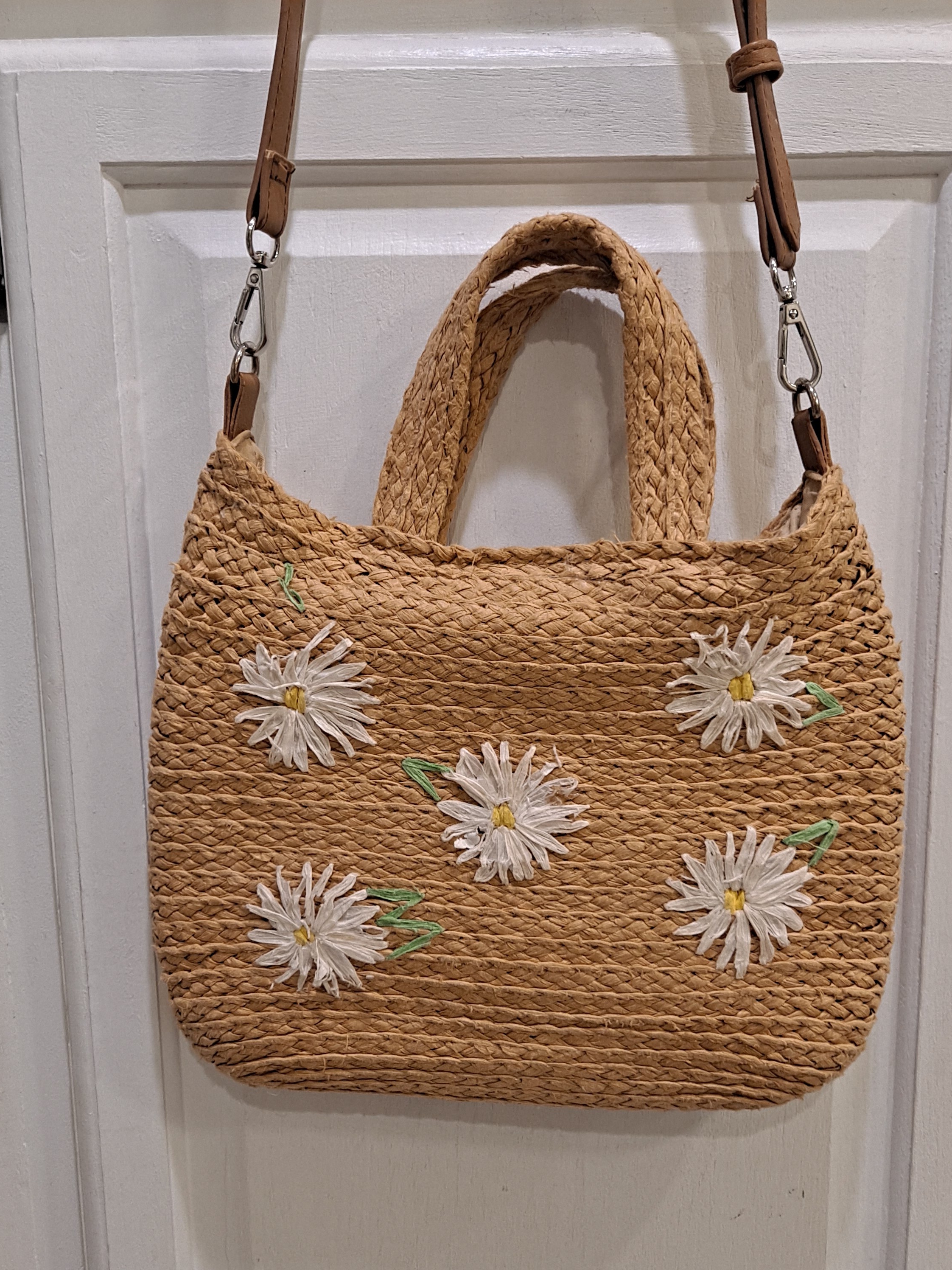Natural Handwoven Paper Straw Daisy Applique Straw Tote Beach Summer Shopping